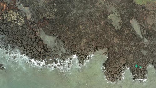 Seogwipo rocky coastline top aerial view, Jeju Island, South Korea