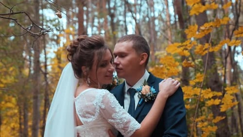 Young Attractive Bride and Groom Embracing Stand in the Autumn Forest