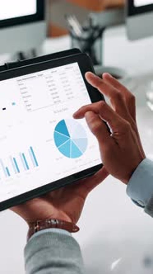 Tablet screen, hands and businessperson in office with statistics for finance dividend or profit
