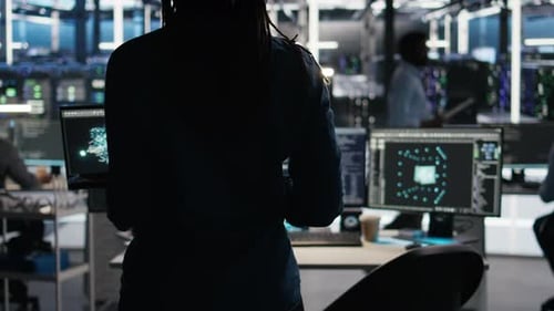 Server Hub Technician Arriving in Office Using AI Visualization Insights on PC