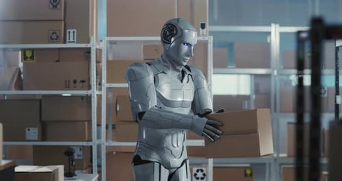 Cybernetic Future Worker Robot Collecting and Carrying Carton Parcel Delivery Boxes in Workshop