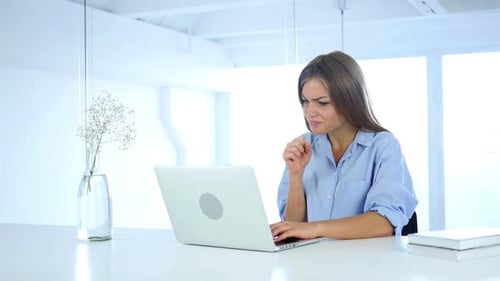 Woman Coughing at Work in Office Throat Infection