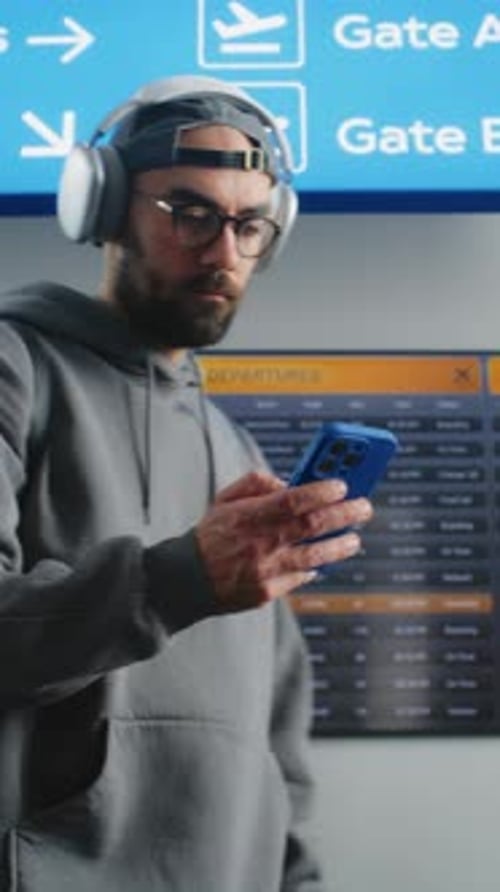 Man Checks Flight Information on Mobile Phone Looks at Digital Arrival and Departure Board