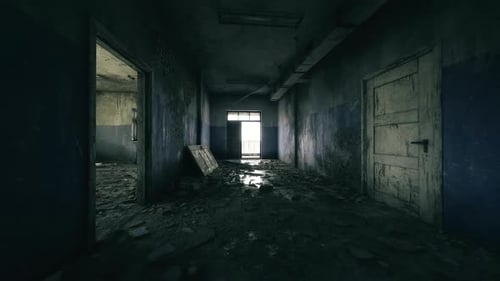 Empty Corridor with Broken Debris Dark Abandoned Hall Filled with Neglect
