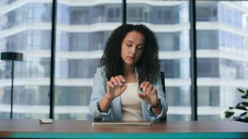 Woman Analysing Holographic Data Operating Digital Animation in Office Close Up