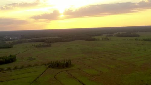 Aerial view of a hazy golden sunset over the countryside of Land O'Lakes in Florida.