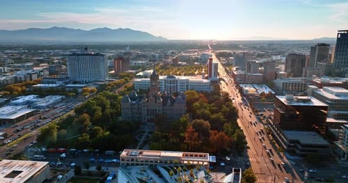 Flying to the beautiful Salt Lake City and County Building in Salt Lake City, Utah, USA.