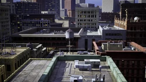 Perspectiva aérea de los tejados de la ciudad que muestra elementos históricos y técnicos