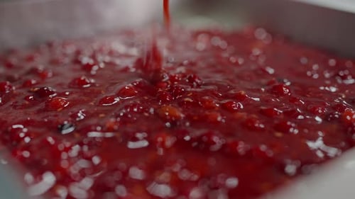 CloseUp View of Fresh Glossy Red Berry Compote in White Dish