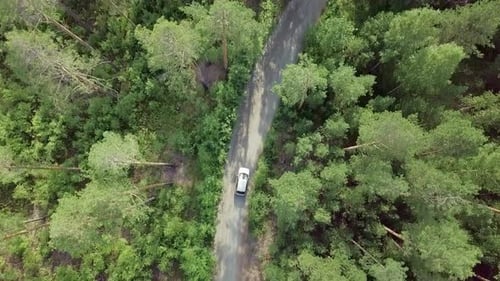 A Breathtaking Aerial View Showcasing a Car Gracefully Traveling Along a Scenic Forest Road Stock