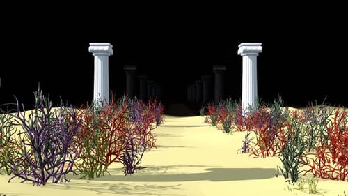 Dreamlike Journey Through Ancient Columned Corridor with Vivid Plants