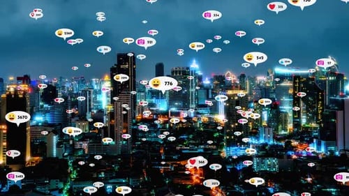 Social Media Icons Fly Over City Downtown Showing People Reciprocity Connection