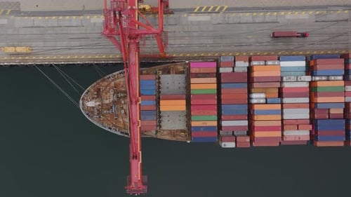 Aerial view of cargo ship at port, Australia.