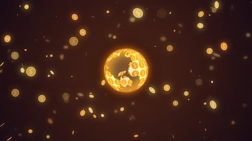 Golden Dollar Coins Falling Around Rotating Global Earth