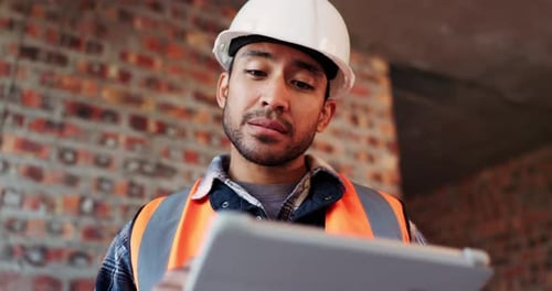 Tablet, man and happy at construction site with engineering app, internet or online schedule
