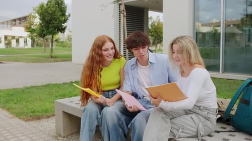 Universitätsstudenten arbeiten zusammen und teilen Wissen auf der Campus Bench