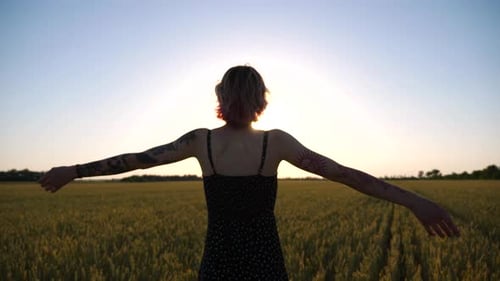 Carefree Hippie Girl in Dress Standing on Green Barley Field and Raising Hands at Sunset Happy Punk