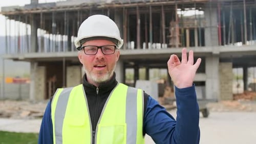 Smiling man architect and hand with okay sign good job on construction site, showing OK, conduct bui