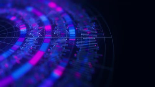 Nahaufnahme der komplexen Animation mit runden Graphen aus dem Quantencomputeruniversum Cyber Space of AI