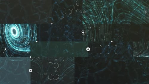 Nano Colleción: animación en bucle de fondo de símbolos médicos y elementos químicos con una línea fluida