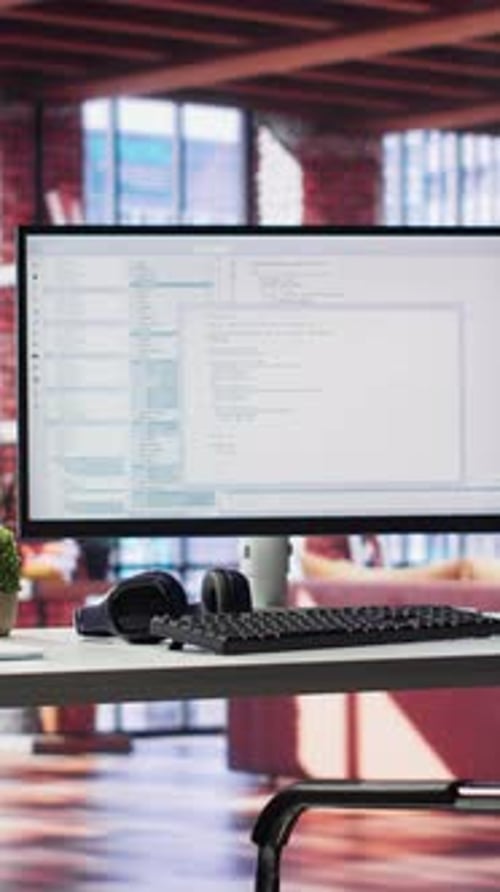Vertical Video Modern Loft with Desktop Monitor Ready for Coding and Programming Tasks