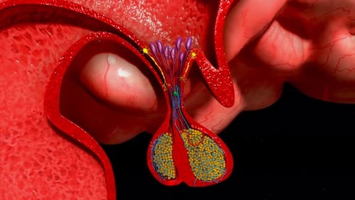 Human head with brain and blood vessels