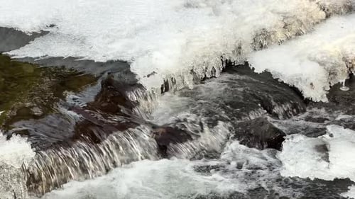 Wintery stream with ice and flowing water in the forest
