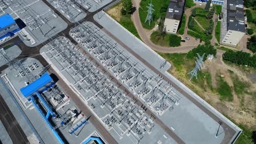 Electrical Distribution Substation on Sunny Day Aerial View