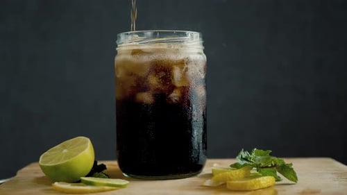 Soda Being Poured Into Mason Jar with Ice