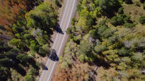 Vue aérienne par Drone d'une route de montagne pittoresque à travers la forêt d'automne