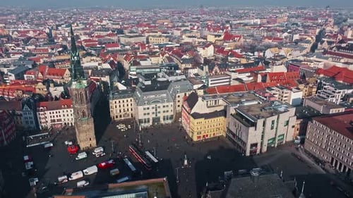 Aerial view of Red Tower (Roter Turm) in Market Square Halle (Saale)
