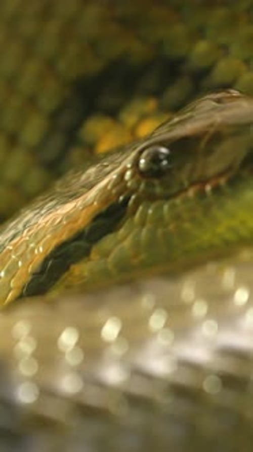 Green Anaconda Snake Resting on Its Coils in the Jungle