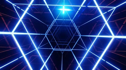 Tunnel hexagonal en néon futuriste, lignes lumineuses et lumineuses, espace numérique abstrait. 4K Vidios