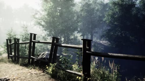 A Rustic Wooden Fence Surrounded By Lush Green Trees in a Peaceful Forest