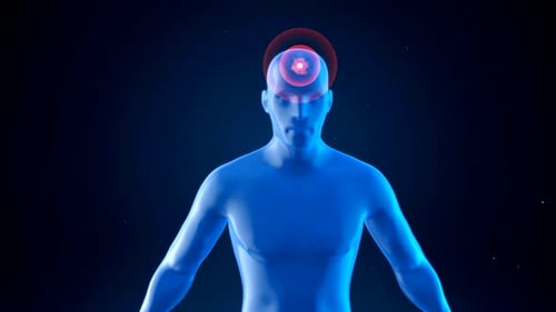 Man with glowing brain and red energy circles on head