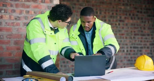 Architect, meeting and men with laptop on construction site, team and plan for property development