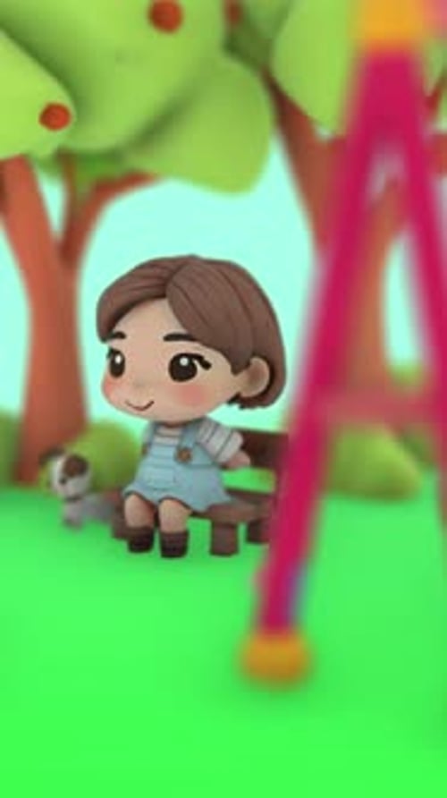 Little Girl Sitting With Her Dog In The Kids Park 3D Animation Loop Vertical