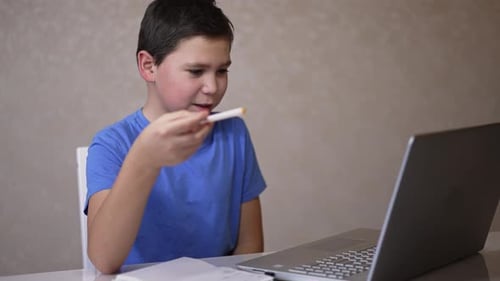 Boy Studies with Laptop Computer and Pencil