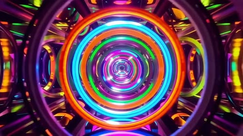 Dynamische abstrakte 3D-Animation mit Neonring und Tunnelschleife in Regenbogenfarben