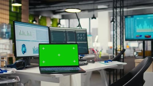 Empty Company Office Features Digital Resources and Mockup on Laptop