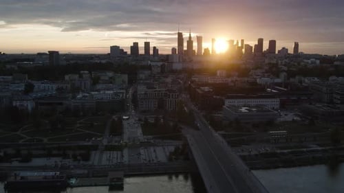 Aerial cityscape of Vistula river with downtown of Warsaw in Poland