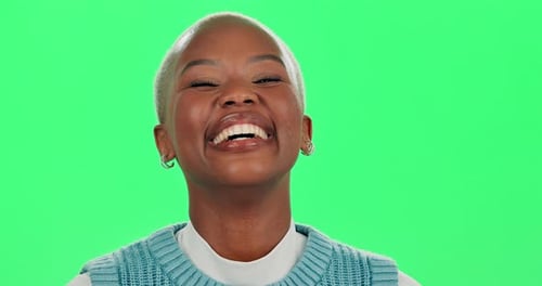 Face, black woman and laughing on green screen with fashion isolated in studio for comedy and joy