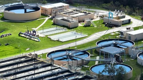 Aerial View of Modern Water Cleaning Facility at Urban Wastewater Treatment Plant Purification