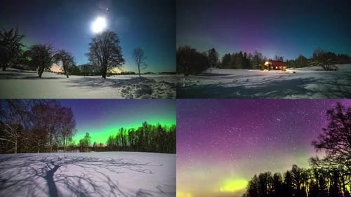 Time lapse shot of snowy winter scenes in nature during night with northern lights and full moon
