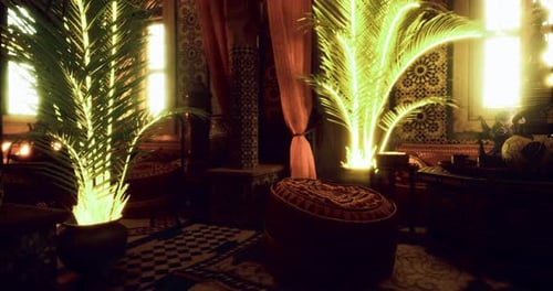 Animated Moroccan Style Room with Glowing Palm Plants