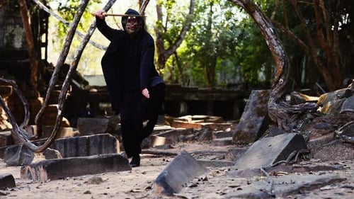 Mysterious Masked Figure Practicing Sword Techniques in Ruins