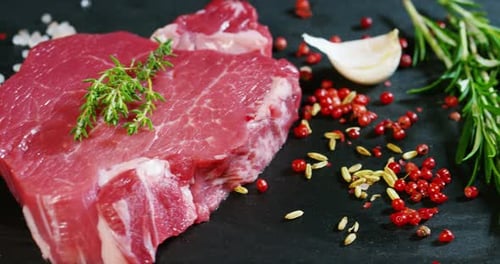 Close Up of Raw Beef Steak with Herbs