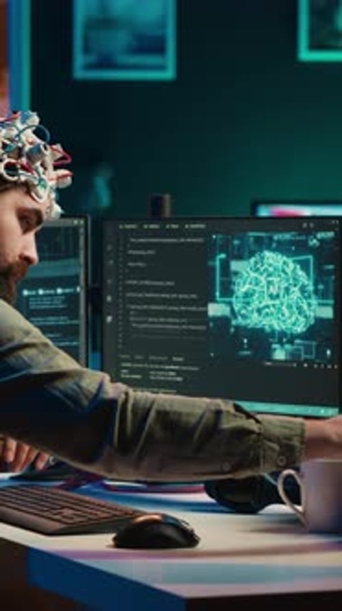 Vertical Video Engineer with EEG Headset on Merging with Artificial Intelligence