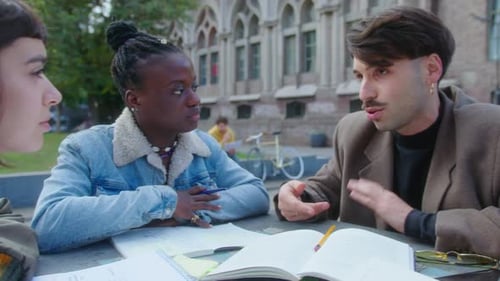 College Students Discussing Group Project Outdoors on Campus