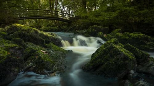 Time Lapse Capturing the Mystical Waterfall in a Dark Spring Forest Park